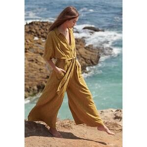 Free People Rosewood Alchemy Yellow Belted Wide Leg Jumpsuit SZ M